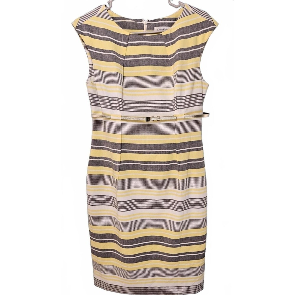 Calvin Klein Yellow Grey Striped Cotton Belted‎ Sheath Dress Size 6 Office Chic